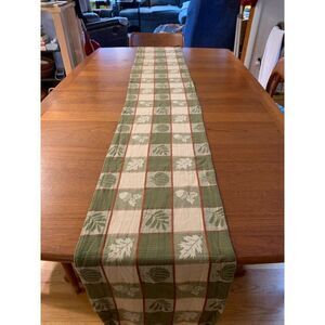 Autumnal Green & Beige Checkered Table Runner 12" x 98" Cotton Blend With Leaf &